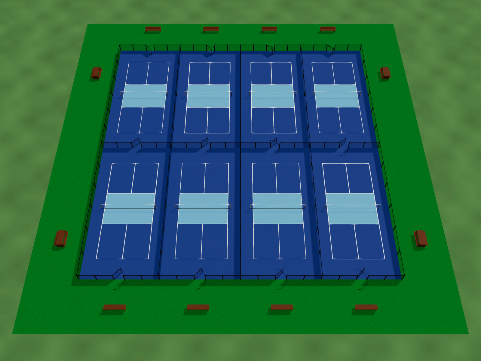 Courts-O-Rama 3D preview of the improved Peter Kirk Park layout: eight pickleball courts filling the slab, each fenced on four sides at 4ft with a gate at each end, the benches outside the fence