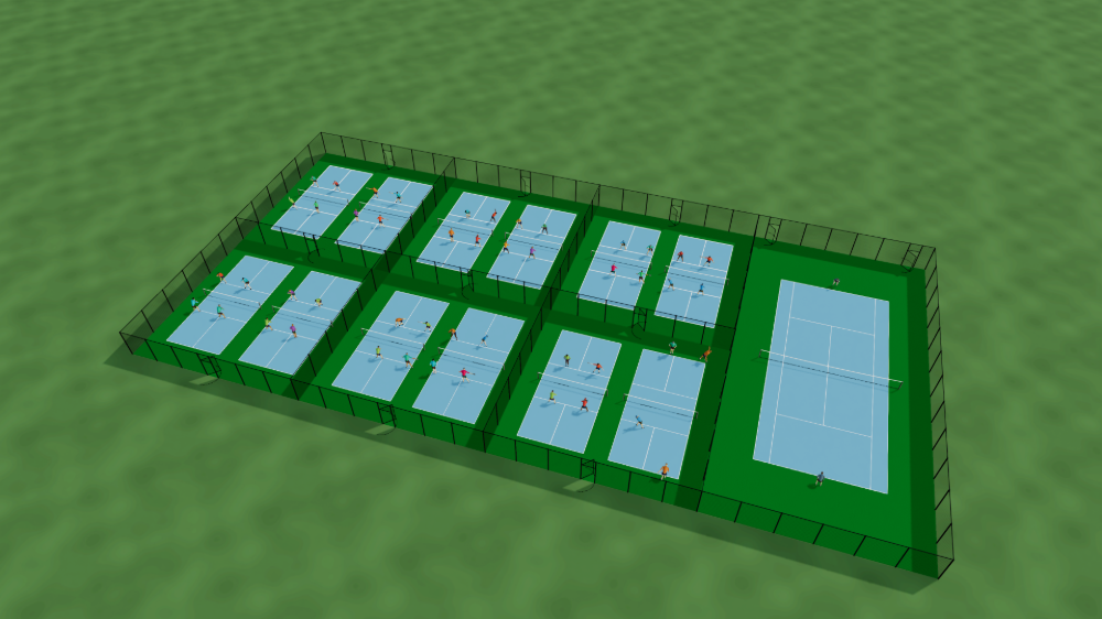 3D render of the same slab with each pad now fenced off from its neighbors: three pads converted to twelve pickleball courts, four to a pad with a fence along each old net line, and the fourth still a tennis court