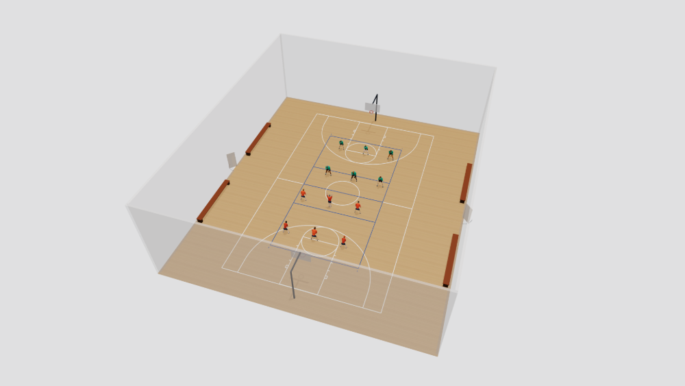 3D render of a compact gym with a high-school basketball court and a volleyball court sharing one wood floor and one center line, with bench rows down both sidelines