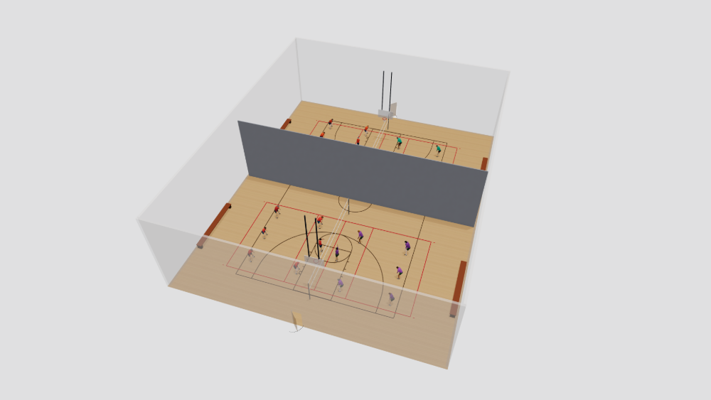 3D render of a school gym with one basketball court overlaid by two volleyball cross-courts and split by a hanging court divider