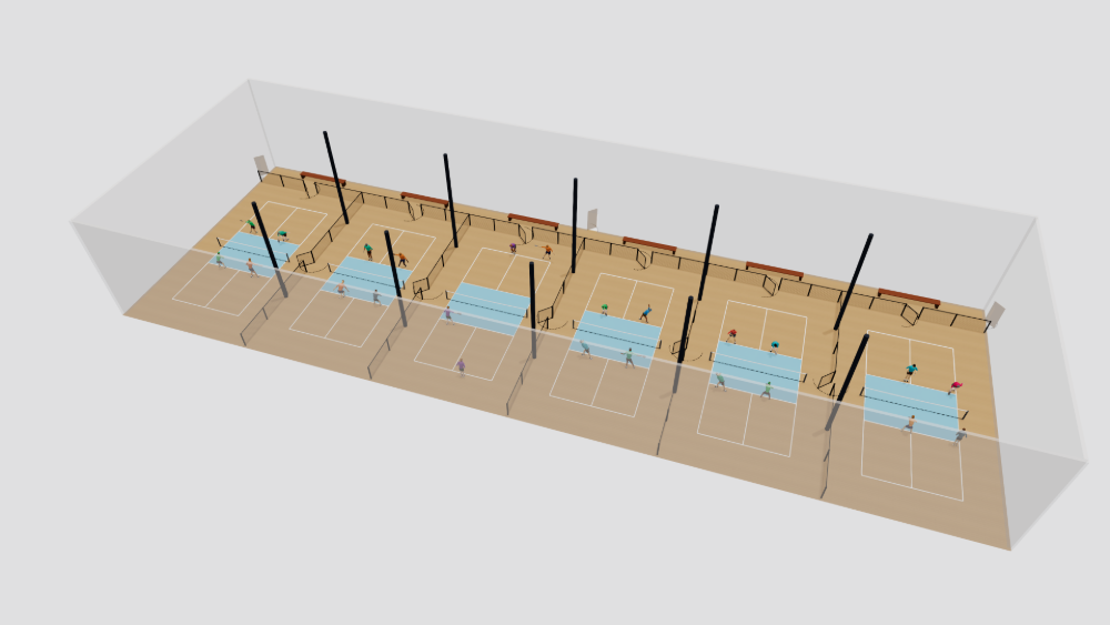 3D render of six indoor pickleball courts in a single row under a grid of roof-support columns, with benches along the front wall