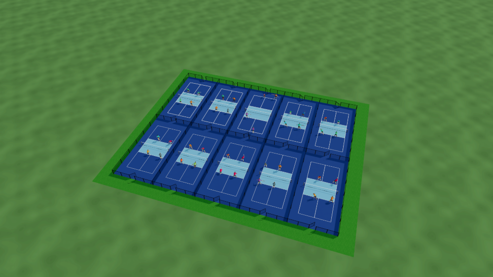 3D render of ten outdoor pickleball courts in two rows on a grass field, each inside its own fence with gates at the baselines